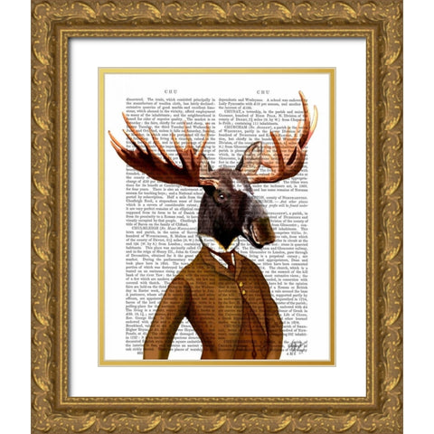 Moose In Suit Portrait Gold Ornate Wood Framed Art Print with Double Matting by Fab Funky