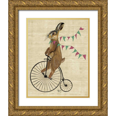 Rabbit On Penny Farthing Gold Ornate Wood Framed Art Print with Double Matting by Fab Funky