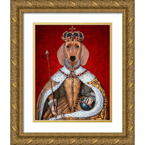 Dachshund Queen  Gold Ornate Wood Framed Art Print with Double Matting by Fab Funky