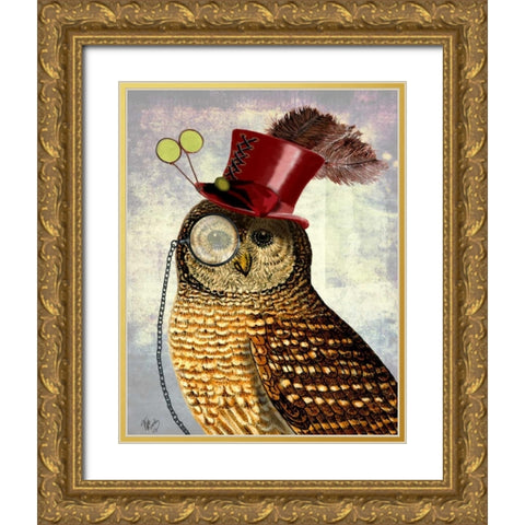 Owl With Top Hat Gold Ornate Wood Framed Art Print with Double Matting by Fab Funky