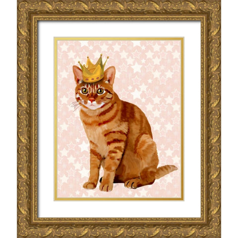 Ginger Cat with Crown Full Gold Ornate Wood Framed Art Print with Double Matting by Fab Funky
