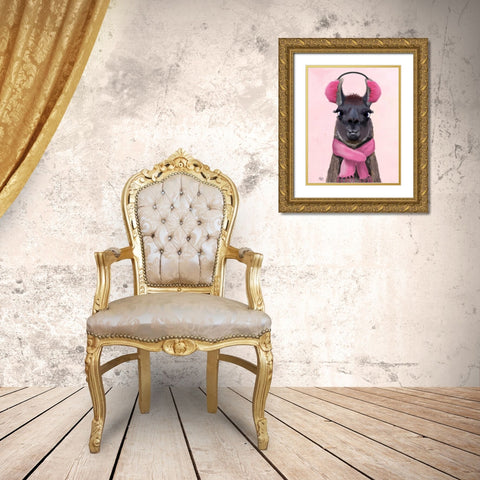 Chilly Llama Pink Gold Ornate Wood Framed Art Print with Double Matting by Fab Funky