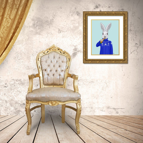 Rabbit In Sweater Gold Ornate Wood Framed Art Print with Double Matting by Fab Funky