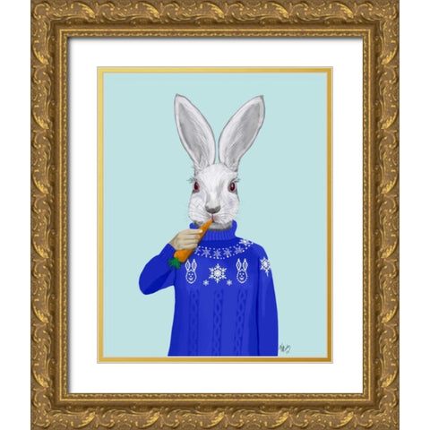 Rabbit In Sweater Gold Ornate Wood Framed Art Print with Double Matting by Fab Funky