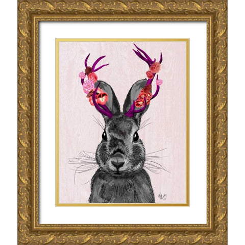 Jackalope with Pink Antlers Gold Ornate Wood Framed Art Print with Double Matting by Fab Funky