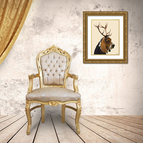 Basset Hound and Antlers Gold Ornate Wood Framed Art Print with Double Matting by Fab Funky