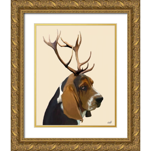 Basset Hound and Antlers Gold Ornate Wood Framed Art Print with Double Matting by Fab Funky
