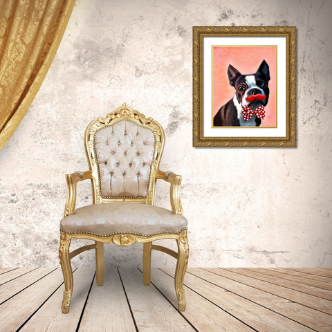 Boston Terrier Portrait with Red Bow Tie and Moustache Gold Ornate Wood Framed Art Print with Double Matting by Fab Funky