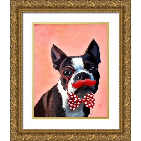 Boston Terrier Portrait with Red Bow Tie and Moustache Gold Ornate Wood Framed Art Print with Double Matting by Fab Funky
