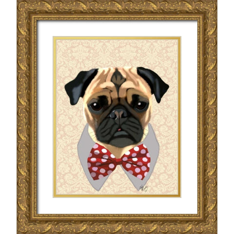 Pug with Red and White Spotty Bow Tie Gold Ornate Wood Framed Art Print with Double Matting by Fab Funky