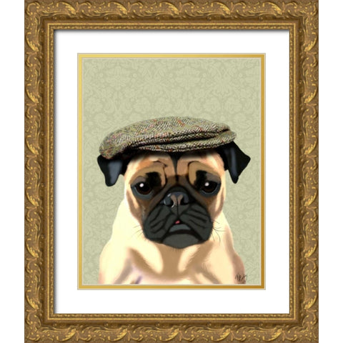 Pug in Flat Cap Gold Ornate Wood Framed Art Print with Double Matting by Fab Funky