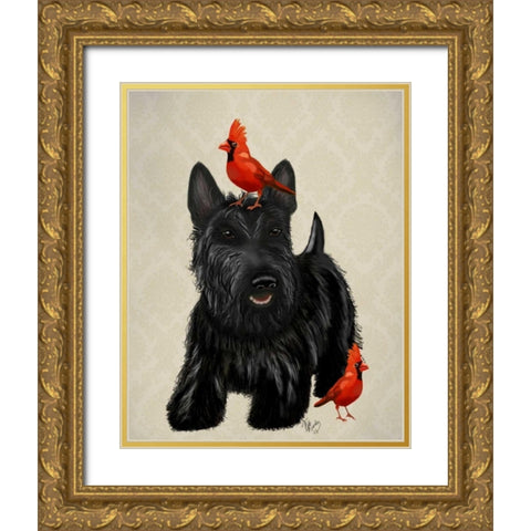 Scottie Dog and Red Birds Gold Ornate Wood Framed Art Print with Double Matting by Fab Funky