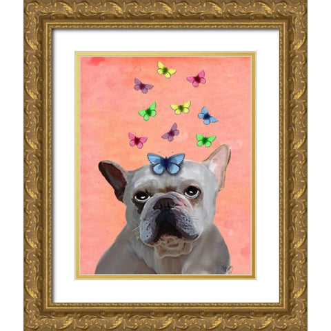 White French Bulldog and Butterflies Gold Ornate Wood Framed Art Print with Double Matting by Fab Funky