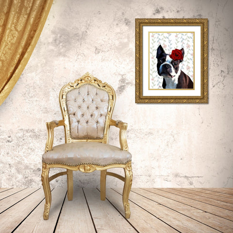 Boston Terrier with Rose on Head Gold Ornate Wood Framed Art Print with Double Matting by Fab Funky