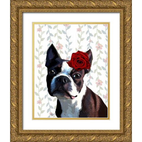 Boston Terrier with Rose on Head Gold Ornate Wood Framed Art Print with Double Matting by Fab Funky