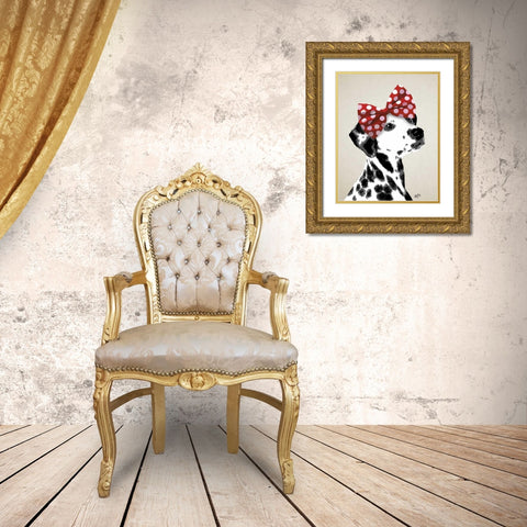 Dalmatian With Red Bow Gold Ornate Wood Framed Art Print with Double Matting by Fab Funky
