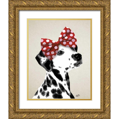 Dalmatian With Red Bow Gold Ornate Wood Framed Art Print with Double Matting by Fab Funky