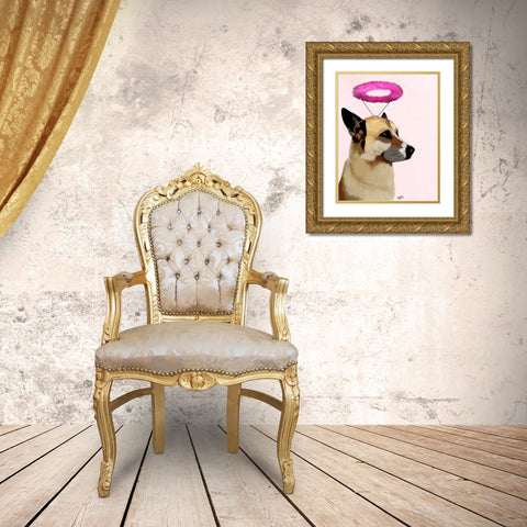 Dog with Pink Halo Gold Ornate Wood Framed Art Print with Double Matting by Fab Funky