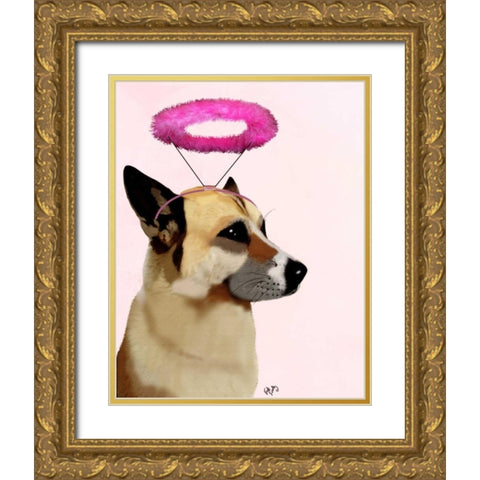 Dog with Pink Halo Gold Ornate Wood Framed Art Print with Double Matting by Fab Funky