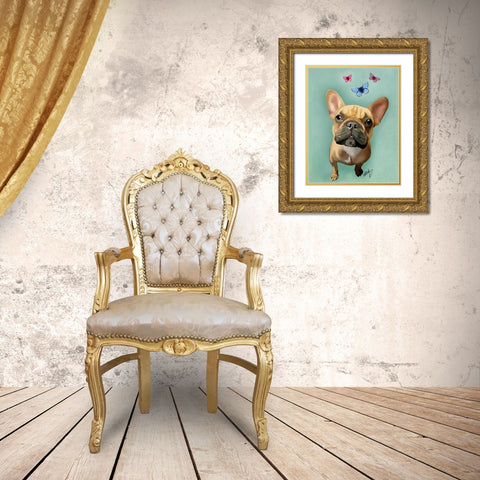 Brown French Bulldog and Butterflies Gold Ornate Wood Framed Art Print with Double Matting by Fab Funky