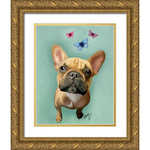 Brown French Bulldog and Butterflies Gold Ornate Wood Framed Art Print with Double Matting by Fab Funky