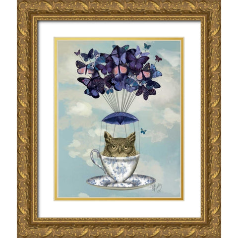 Owl In Teacup Gold Ornate Wood Framed Art Print with Double Matting by Fab Funky
