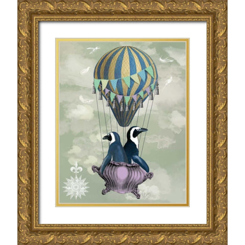 Flying Penguins Gold Ornate Wood Framed Art Print with Double Matting by Fab Funky