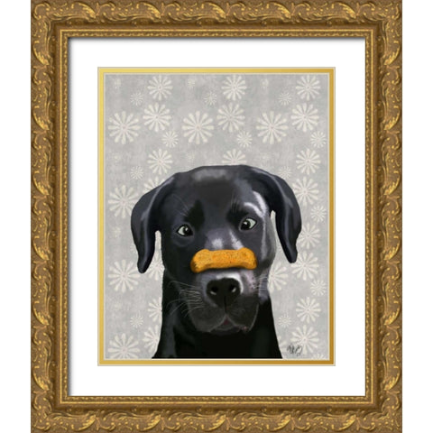 Black Labrador With Bone on Nose Gold Ornate Wood Framed Art Print with Double Matting by Fab Funky