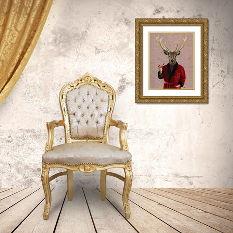 Deer in Smoking Jacket Gold Ornate Wood Framed Art Print with Double Matting by Fab Funky