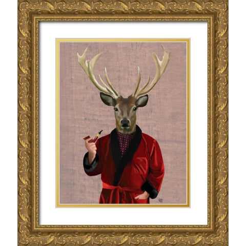 Deer in Smoking Jacket Gold Ornate Wood Framed Art Print with Double Matting by Fab Funky