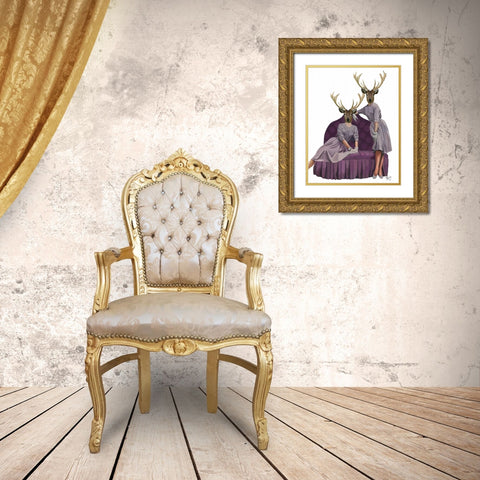 Deer Twins in Purple Dresses Gold Ornate Wood Framed Art Print with Double Matting by Fab Funky