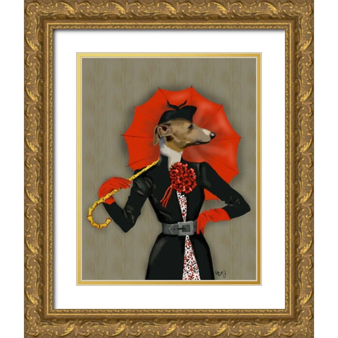 Elegant Greyhound and Red Umbrella Gold Ornate Wood Framed Art Print with Double Matting by Fab Funky