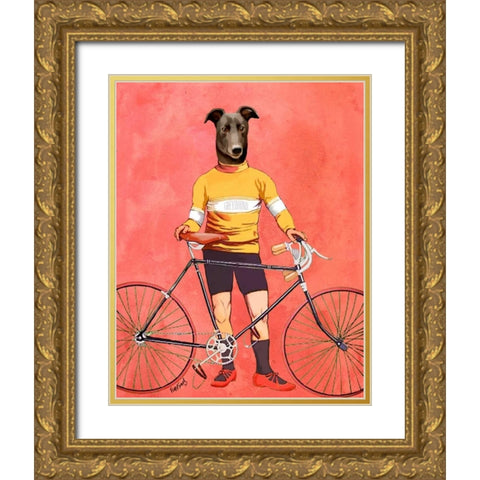 Greyhound Cyclist Gold Ornate Wood Framed Art Print with Double Matting by Fab Funky