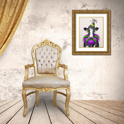 Mardi Gras Cow Gold Ornate Wood Framed Art Print with Double Matting by Fab Funky