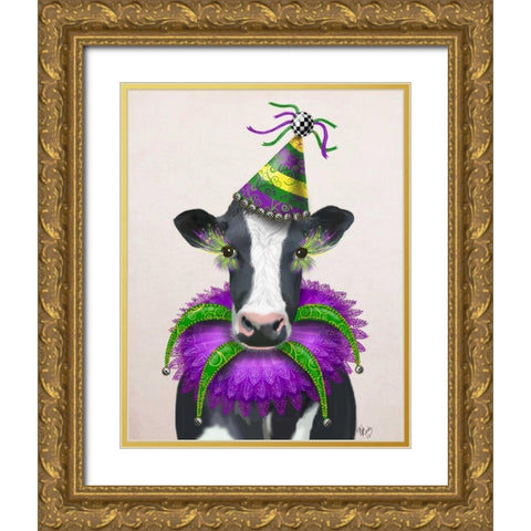 Mardi Gras Cow Gold Ornate Wood Framed Art Print with Double Matting by Fab Funky
