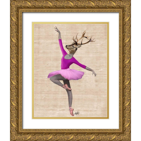 Ballet Deer in Pink Gold Ornate Wood Framed Art Print with Double Matting by Fab Funky
