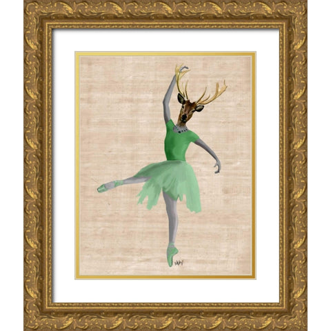 Ballet Deer in Green Gold Ornate Wood Framed Art Print with Double Matting by Fab Funky