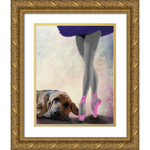 Bloodhound And Ballet Dancer Gold Ornate Wood Framed Art Print with Double Matting by Fab Funky