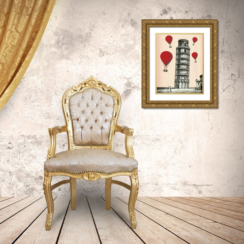 Tower of Pisa and Red Hot Air Balloons Gold Ornate Wood Framed Art Print with Double Matting by Fab Funky