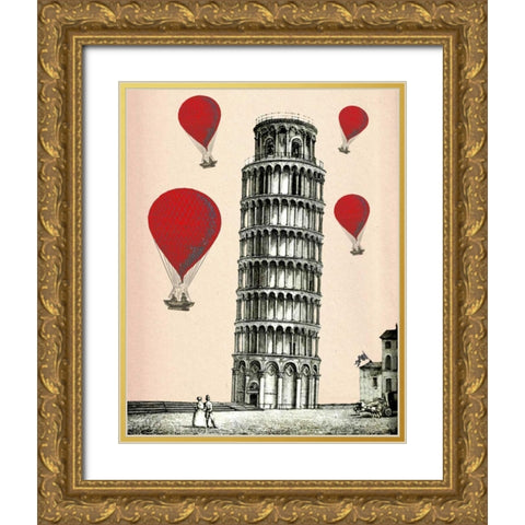 Tower of Pisa and Red Hot Air Balloons Gold Ornate Wood Framed Art Print with Double Matting by Fab Funky