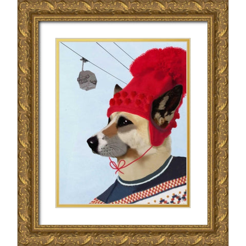 Dog in Ski Sweater Gold Ornate Wood Framed Art Print with Double Matting by Fab Funky