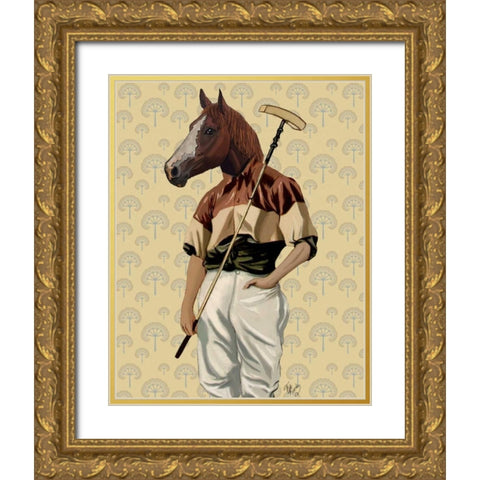 Polo Horse Portrait Gold Ornate Wood Framed Art Print with Double Matting by Fab Funky