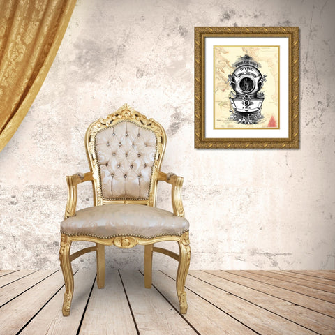 Diving Helmet on Map Gold Ornate Wood Framed Art Print with Double Matting by Fab Funky
