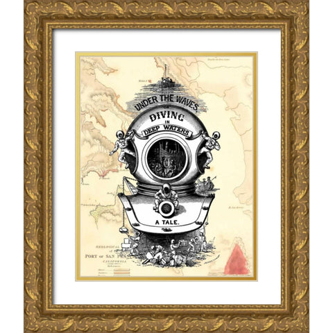 Diving Helmet on Map Gold Ornate Wood Framed Art Print with Double Matting by Fab Funky