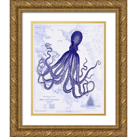 Blue Octopus 1 on Nautical Map Gold Ornate Wood Framed Art Print with Double Matting by Fab Funky