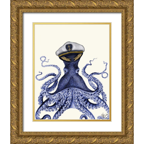 Captain Octopus Gold Ornate Wood Framed Art Print with Double Matting by Fab Funky