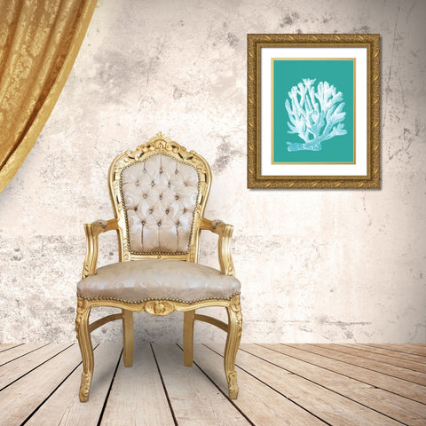 Coral 1 White On Turquoise Gold Ornate Wood Framed Art Print with Double Matting by Fab Funky