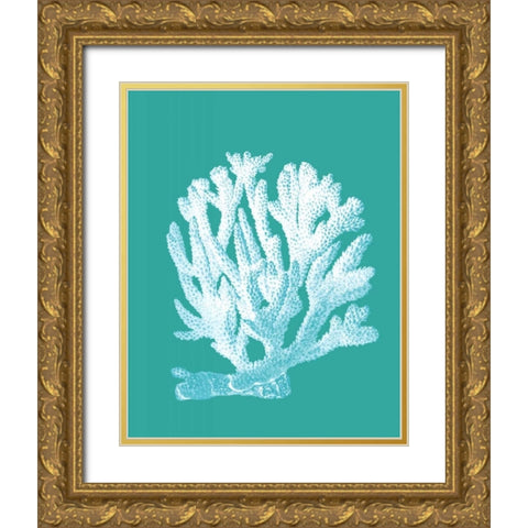 Coral 1 White On Turquoise Gold Ornate Wood Framed Art Print with Double Matting by Fab Funky