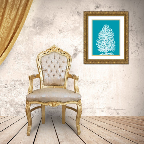 Coral Tree White on Sea Blue Gold Ornate Wood Framed Art Print with Double Matting by Fab Funky