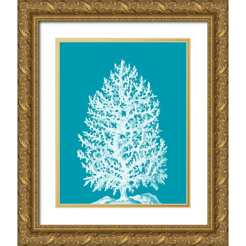 Coral Tree White on Sea Blue Gold Ornate Wood Framed Art Print with Double Matting by Fab Funky